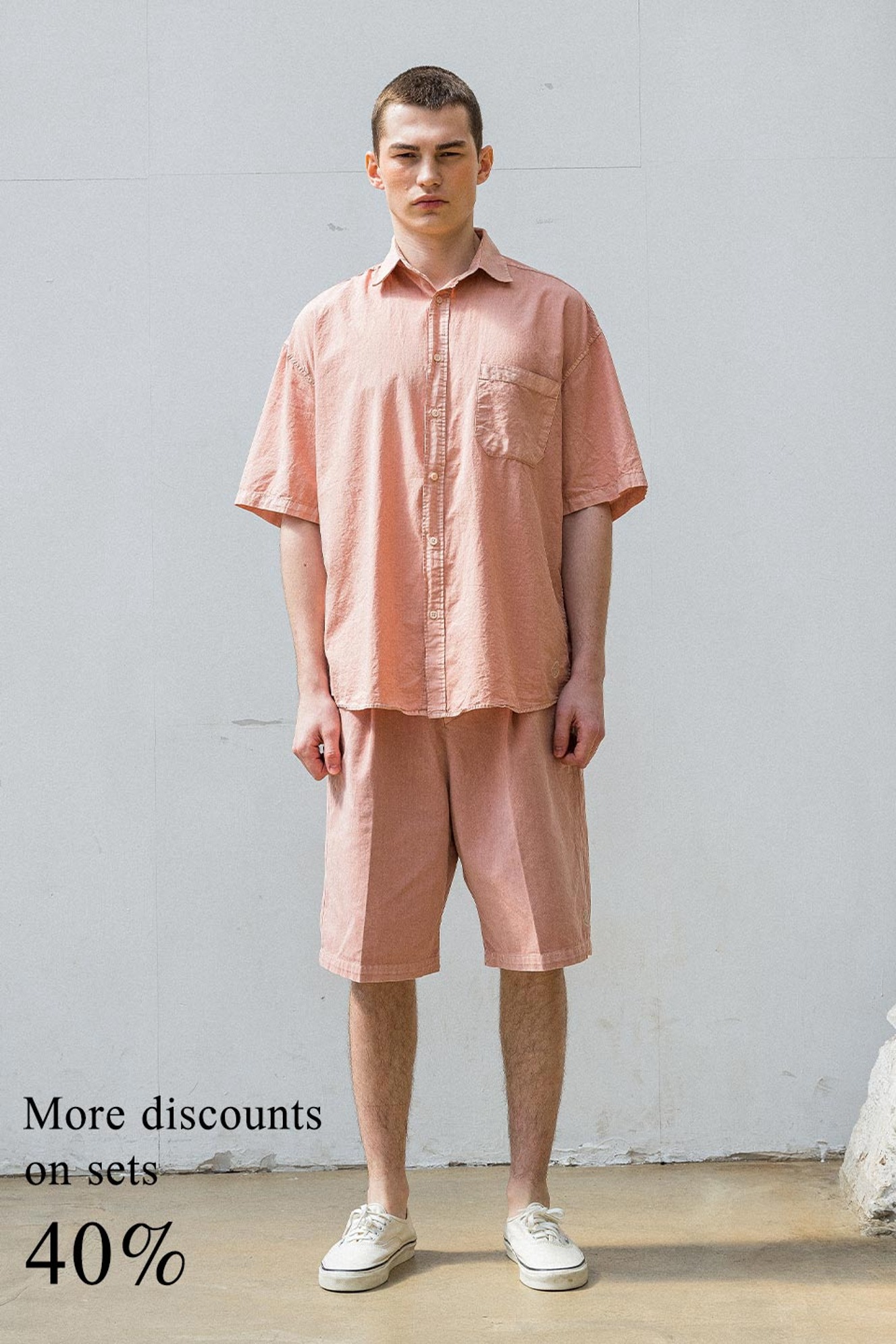 [셋업] AGP 피그먼트 컬러 하프 셔츠 &amp; 팬츠 라이트 핑크